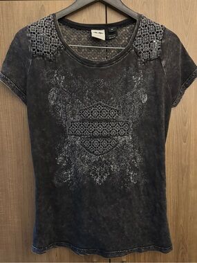 Harley-Davidson Black Washed Short Sleeve Tee with Lace Shoulders
